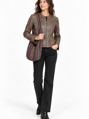 DANIER Brown Italian Leather Jacket & Woven Boho Crossbody Sling Bag Bundle Size